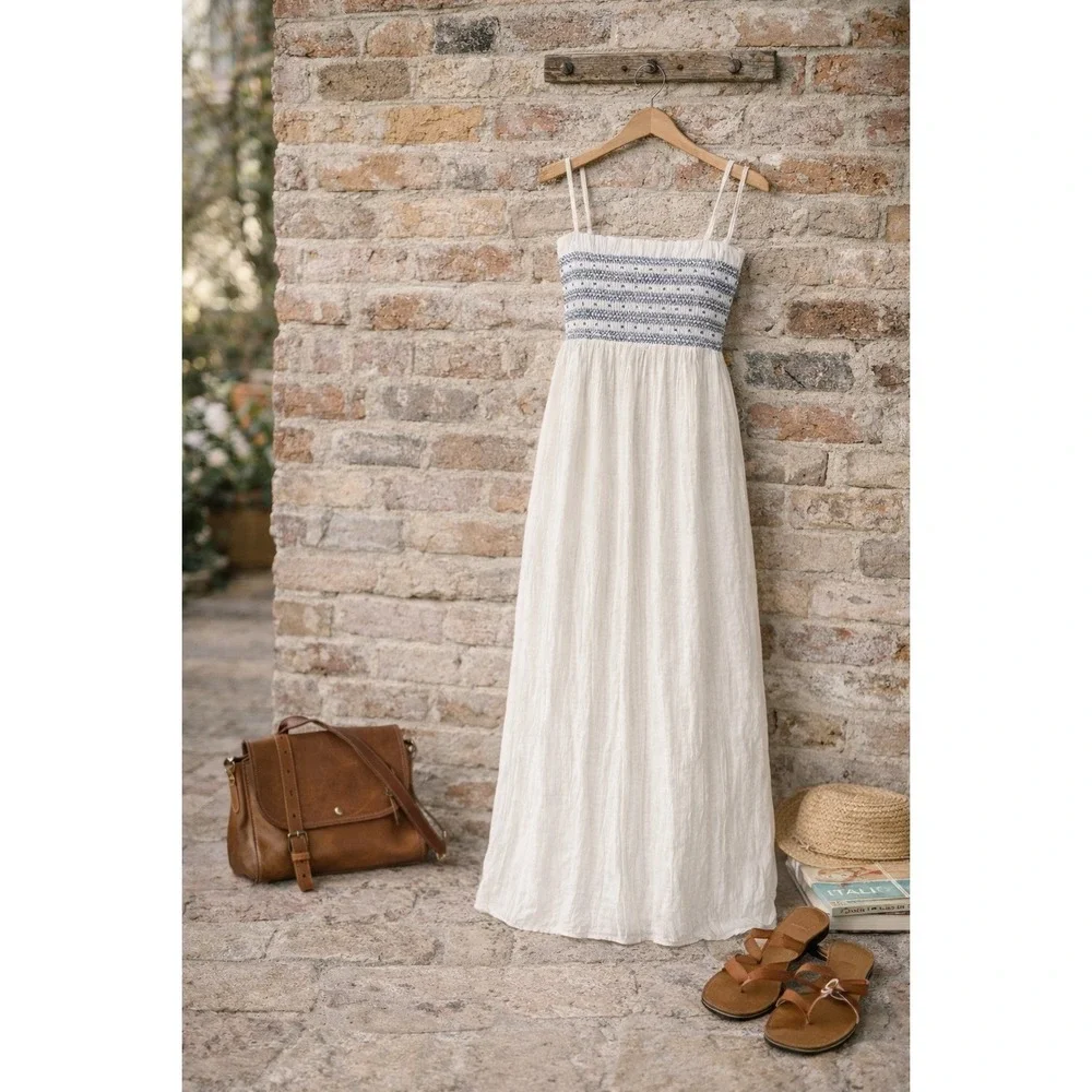 J.Crew Catania Cotton Smocked Maxi‎ Dress XL White Blue Summer Vacation Easy NWT